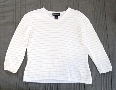 Suéter Pullover Lands' End Para Mujer Manga 3/4 Cuello en V Talla S Blanco/Rayas Bronceadas Foto 1 de 4