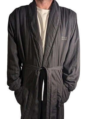 HUGO BOSS Mens Multistriped Belted  Bathrobe in Navy Blue Size Small - Image 1 of 4