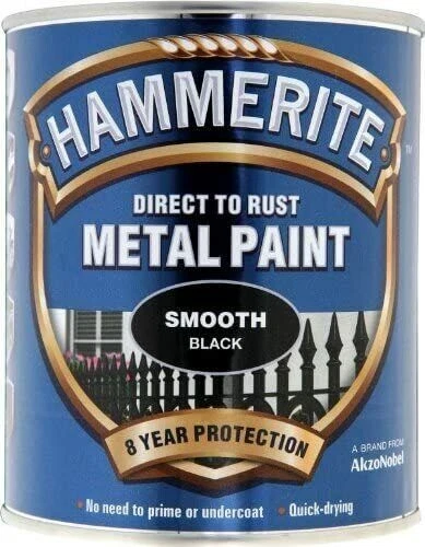 Hammerite Smooth Direct To Rust Metal Paint Quick Drying Black 750ml