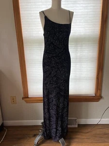 Vintage 90s Byer Too! Navy Blue sparkly asymmetrical party Gown M - Picture 1 of 4
