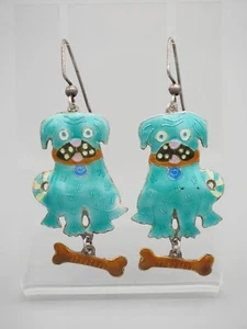 Vintage sterling silver blue enamel fun dog puppy w/bone articulated earrings - Picture 1 of 5