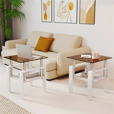 Set of 2 TModern empered Glass 2 Layer Tea Table Coffee Table & Square End Table - Image 1 of 4