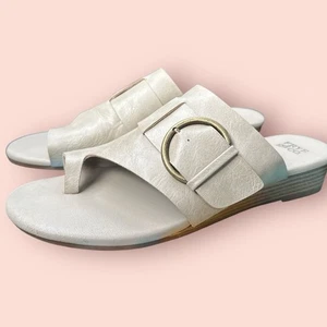 FRYE AND CO. WOMEN SANDALS SIZE 8.5 GRAY Taupe SLIP ON Brass Buckle Faux Leather - Picture 1 of 5