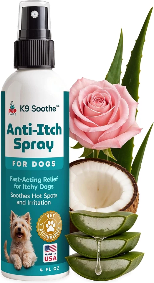 PUP LABS K9 Soothe anti Itch Spray for Dogs with Aloe, Rose, & Coconut, Natural Hot Spot