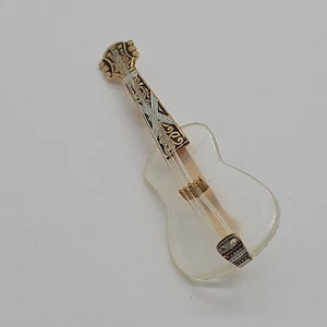 Vintage Gold Tone Guitar Brooch Pin Damascene Toledoware Spain Style FAB Retro - Picture 1 of 8