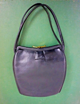 Vintage 1940s Rare Sleek Shape Black Leather  Handbag  w/ IDEAL logo Brass Clasp - Image 1 of 4