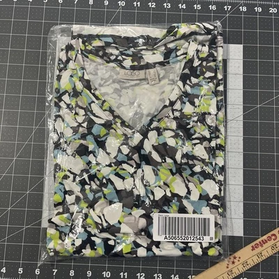 Top LOGO By Lori Goldstein Talla L Negro/Azul Geo Elastizado Túnica Bolsillos - Nuevo Foto 1 de 4