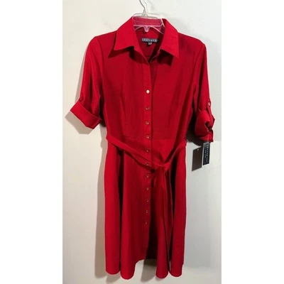 Sharagano Pure Red Roll Tab Sleeve Self Tie Shirt Dress Size 4 NWT - Image 1 of 4