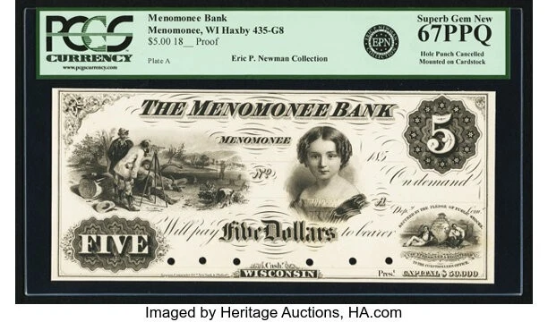 $5 MENOMONEE BANK  MENOMONEE WI A WISCONSIN 'TROPHY' PROOF PCGS 67 PPQ - Image 1 of 1