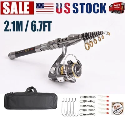 2.1M Carbon Fiber Telescopic Fishing Rod Pole Reel Kit Sea Saltwater Freshwater - Image 1 of 4