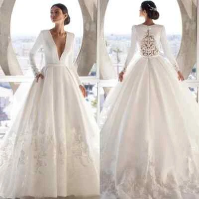 Satin Wedding Dresses Sheer Deep V Neck Long Sleeves Applique Bridal Gowns  - Image 1 of 4