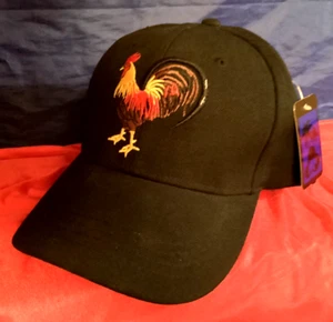 MEN'S CAP - Black Canvas with Embroidered Rooster Design - One Size Adjustable - Picture 1 of 3