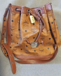 VINTAGE MCM DRAWSTRING BUCKET BAG COGNAC MONOGRAM Medium DESSAU - Picture 1 of 20