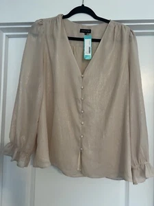 1. State Women’s Button Up V Neck Top Beige Gold Shimmer Metallic Stitch Fix XL - Picture 1 of 4