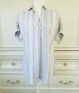 Lands End Stripe Linen Short Sleeve Popover Tunic Top Womens Small - Picture 1 of 6
