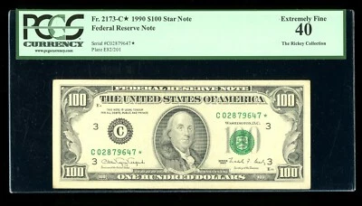 DBR 1990 $100 FRN STAR Philadelphia Fr. 2173-C* PCGS XF-40 Serial C02879647* - Image 1 of 2