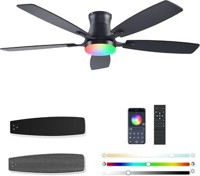 54Inch Ceiling Fans with Lights, Low Profile RGB Ceiling Fan with Light and Remo - Image 1 of 4