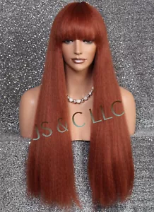 Human hair Blend Full Wig Heat OK Red Copper Auburn straight blunt bangs MG 350 - Picture 1 of 6