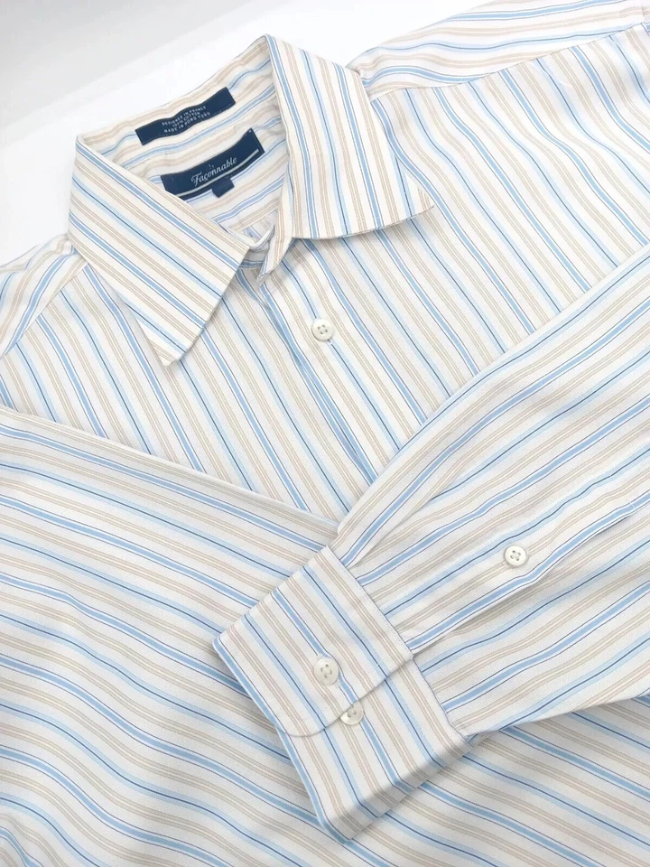 🇫🇷 Faconnable мужской размер L 16 x 34 100% хлопок платье рубашка многоцветная полоса - Изображение 1 из 4