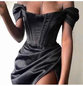 House of CB Loretta Schulterfreies Satin Korsett Schwarz Kleid S - Bild 1 von 8