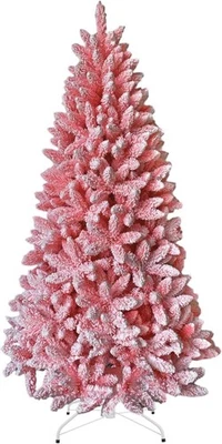 4-8FT Christmas Tree Snow Flocked Pink Dusted Artificial Pine Holiday Home Decor - Image 1 of 4