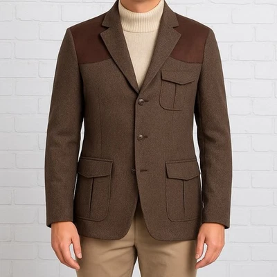 H&M Chore Jacket Men 40R Brown Plaid Herringbone Elbow Patch Wool Sport Coat - Image 1 of 4