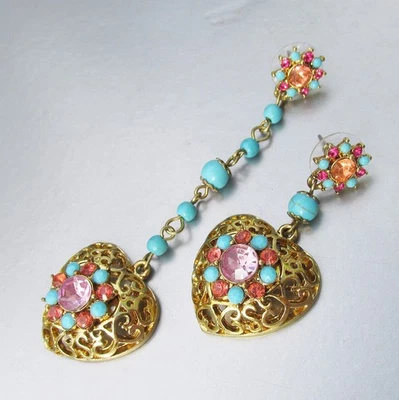 Retired Betsey Johnson TURQS & CAICOS Filgree Heart Dangle Mismatch Earrings - Image 1 of 4