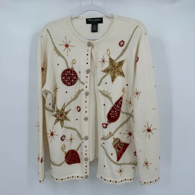 Suéter cárdigan feo de Navidad Theme Works para mujer talla M adornado con cuentas Foto 1 de 4