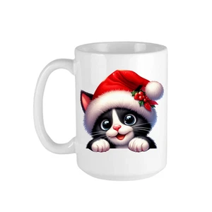 Neuheit Urlaub Katze Becher 11 Unzen schwarz weiß Kätzchen guckt Weihnachten Kaffeetasse - Bild 1 von 6