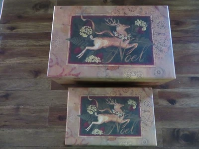 2 Bob's Boxes Primitive Decorative Gift Boxes Reindeer Noel "Season's Greetings" - Image 1 of 4
