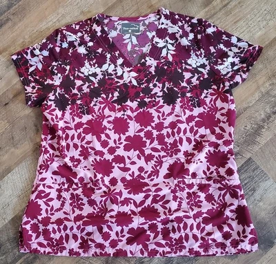 Butter-Soft V-neck Scrub Top Purple Pink White Floral Print  Pockets Size Large  - Image 1 of 4
