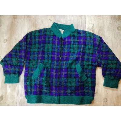 Casaco Boyne Valley Weaver Irlanda xadrez Boucle verde azul lã Grandmacore - Imagem 1 de 4