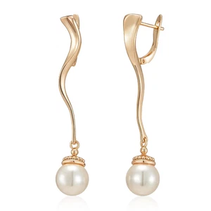 Pendientes colgantes de perlas largas brillantes geométricas únicos para mujer de lujo de oro rosa 585  - Imagen 1 de 13
