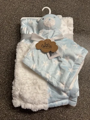 BABY ESSENTIALS Blanket Lovey Plush Patchwork Blue White Squares Stars Minky Dot - Image 1 of 3