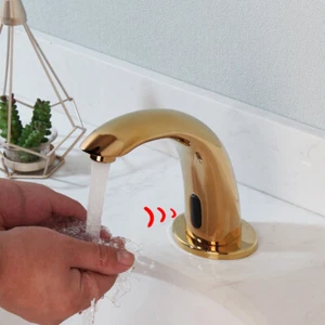 Touchless Gold Bathroom Sink Faucet Single Hole Autonatic Brass Mixer Vanity Tap - Picture 1 of 10