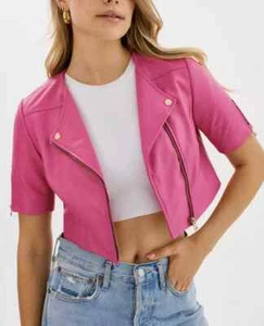 Women's Pink Cropped Leather Jacket Biker Moto Genuine Lambskin Handmade Casual - Picture 1 of 8