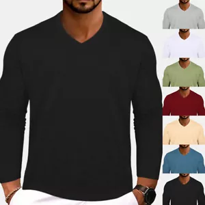 Mens V Neck Pullover Solid Long Sleeve T-Shirt Slim Fit Casual Work Blouse Tops - Picture 1 of 27