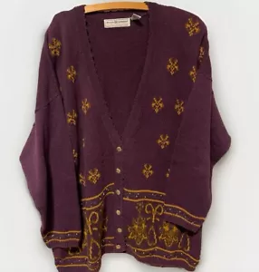 Maggie Lawrence Vintage Sz 26/28 Burgundy Fleur De Lis Embroidered Cardigan - Picture 1 of 4