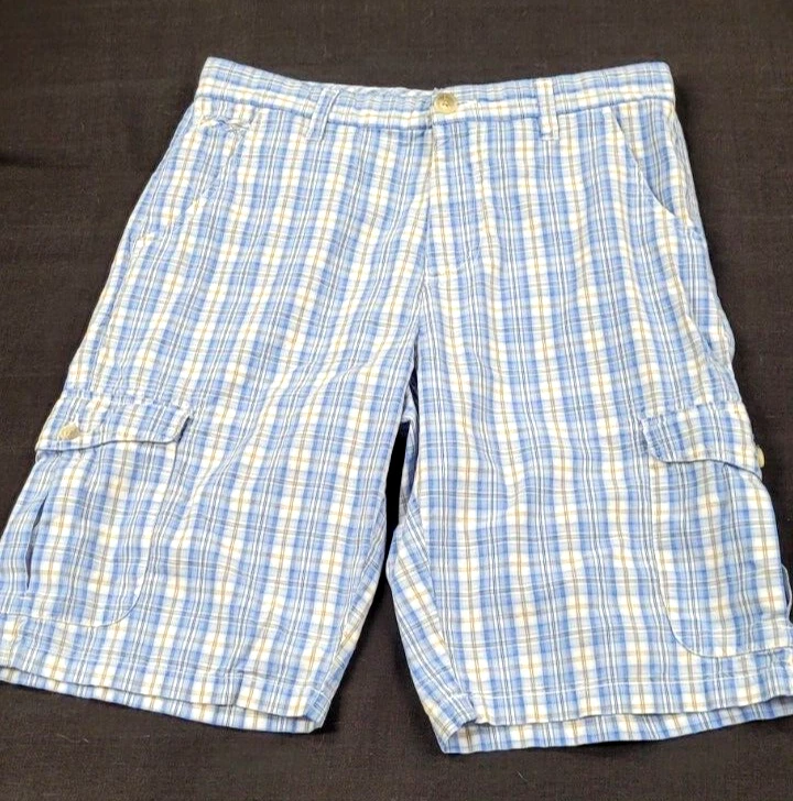 Pantalones cortos de carpintero Age of Wisdom para hombre (32) a cuadros azules. 6 bolsillos. 100% algodón. Foto 1 de 4