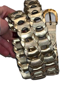 GOLDEN chain Link Leather BELT 1” Wide Shiny Gold Buckle 16013 TAIWAN 37” Vtg L - Picture 1 of 16