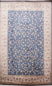 Floral Blue Silk Turkish Area Rug 8x11 Living Room Oriental Carpet - Picture 1 of 13