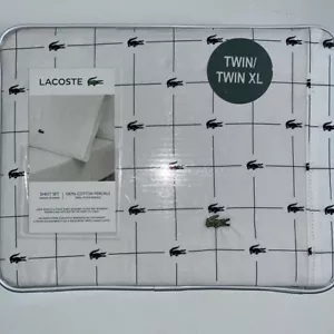 Lacoste Sheet Set TWIN XL 100% Cotton Percale alligator logo design print white - Picture 1 of 8