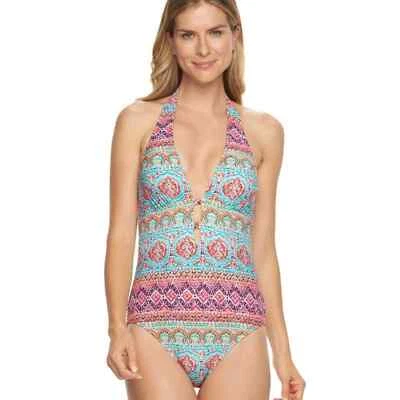 Chaps Tribal Halter One-Piece V-Neck Swimsuit Pattern Bathing Suit Women's 8 - Image 1 of 4