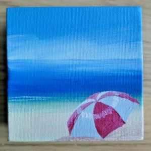 Caroline Atkinson (St Ives) Small Box Oil On Canvas. Beach Umbrella - Picture 1 of 4