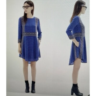 Vestido de seda azul de inspiración vintage con estampado de cachemira y geométrico mangas 3/4 talla XS Foto 1 de 4