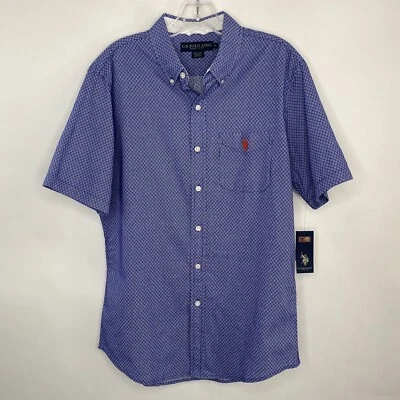 NUEVO U.S. Polo Assn.  Camisa M Botón Delantero Azul Blanco S/S Estampado Azulejo M M Marroquí Nueva Con Etiquetas Foto 1 de 4