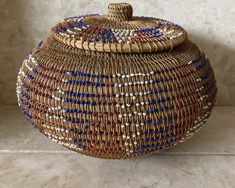 Vintage Woven Coil Sphere Large Lombok Basket Indonesia Beaded Rattle Cover