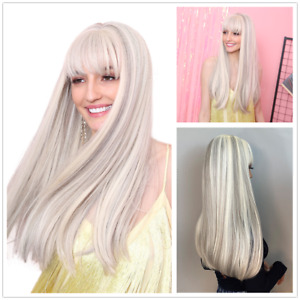 Long White Wigs with Bangs Highlights Grey Silky Straight 26 Inch Cosplay Wig