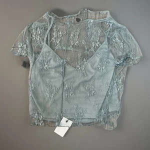 NWT Miou Muse Lace Top Cami Set Sheer Overlay Short Sleeve Blue Size S - Picture 1 of 5