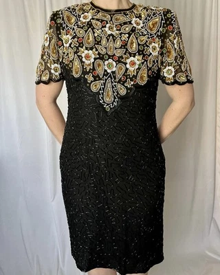 Vestido de Coquetel Vintage Laurence Kazar NYC 100% Seda Frisado–Preto Dourado-Tamanho PM - Imagem 1 de 4